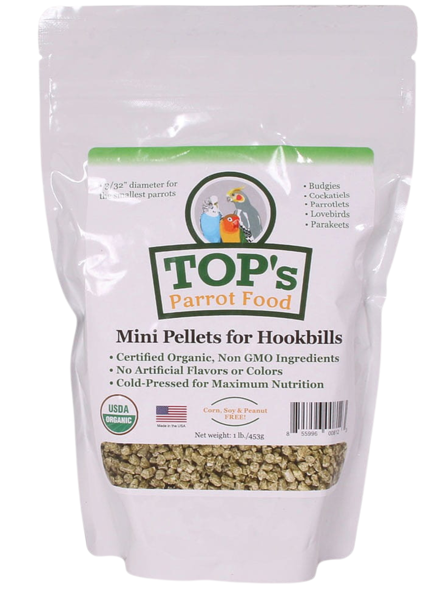 Top's Organic Parrot Food - Mini - Granulat dla nimf i innych małych papug 453g