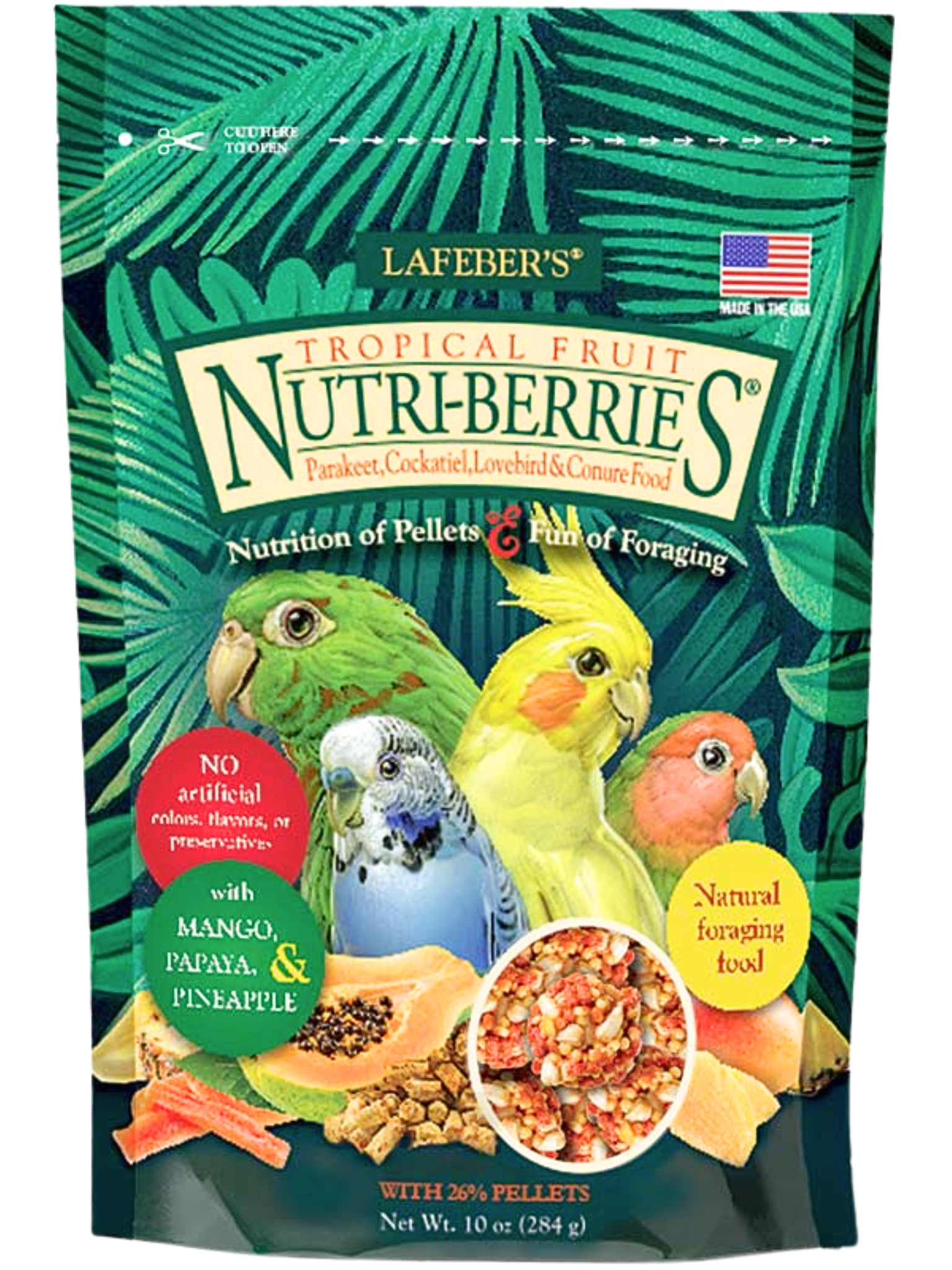 Lafeber NutriBerries Tropical Cockatiel - Pokarm: ziarno z owocami tropikalnymi w kształcie kuleczek dla średnich i małych papug 28g PRÓBKA