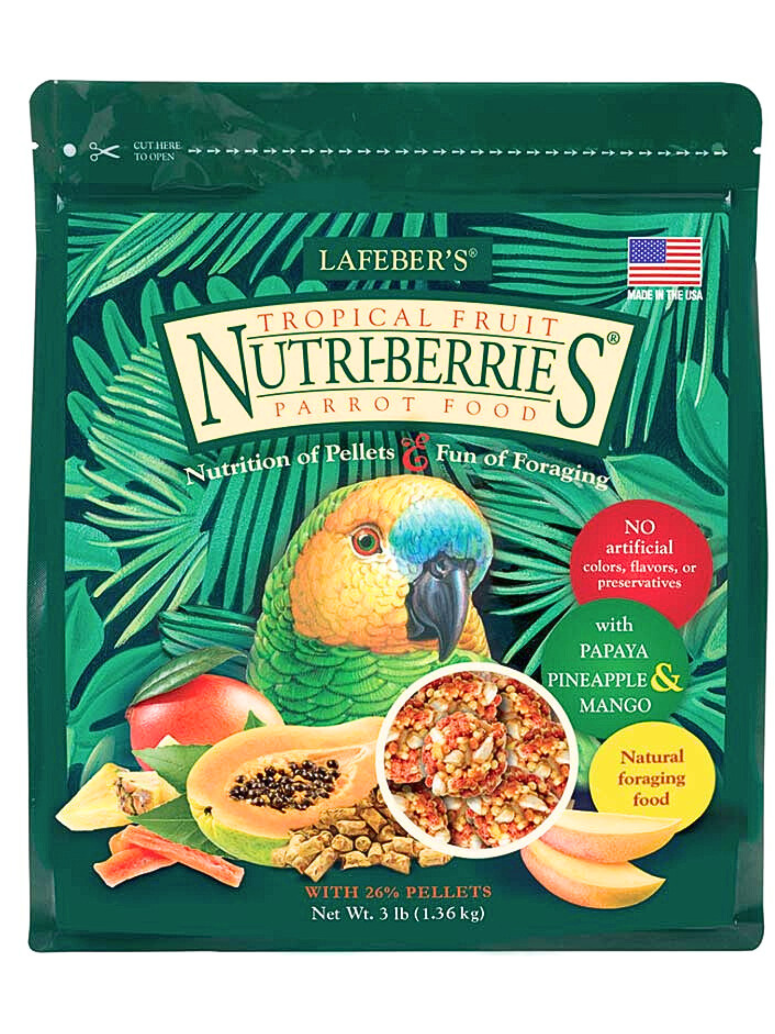 Lafeber NutriBerries Tropical Fruit-  Pokarm: ziarno z owocami tropikalnymi w kształcie kuleczek dla średnich i dużych papug 1,36kg
