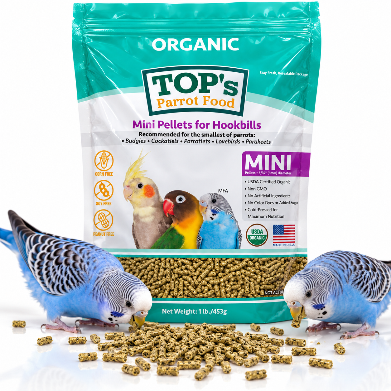 TOP'S Organic Parrot Food Mini – bio granule pro korely a malé papoušky – 453 g